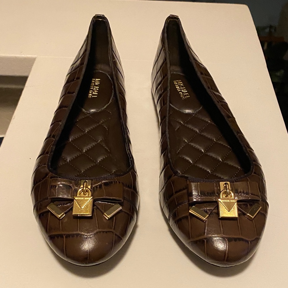Michael Kors Brown Croc-Embossed Flats with Gold Accents